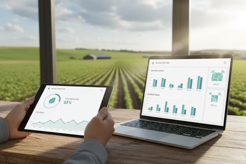 CropSense Lite soil monitoring dashboard on tablet and laptop