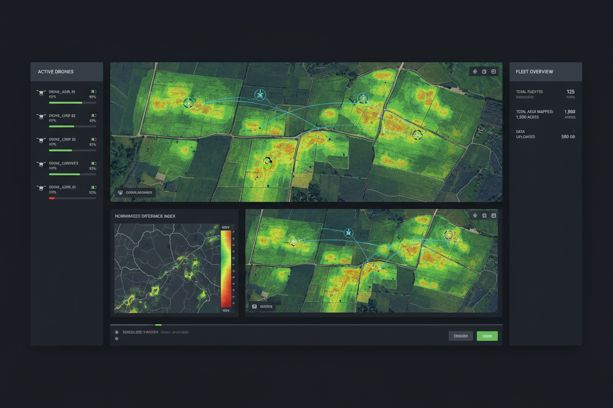 SkyFarm drone fleet management dashboard with crop health heatmaps and flight paths