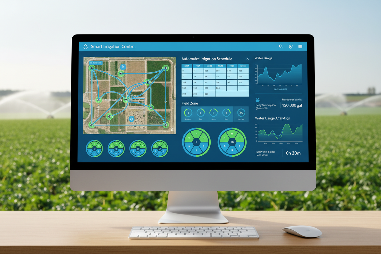 AquaFlow smart irrigation control dashboard with field zone maps and water analytics