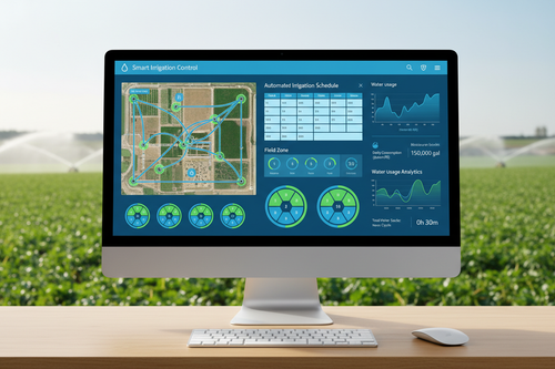 AquaFlow smart irrigation control dashboard with field zone maps and water analytics