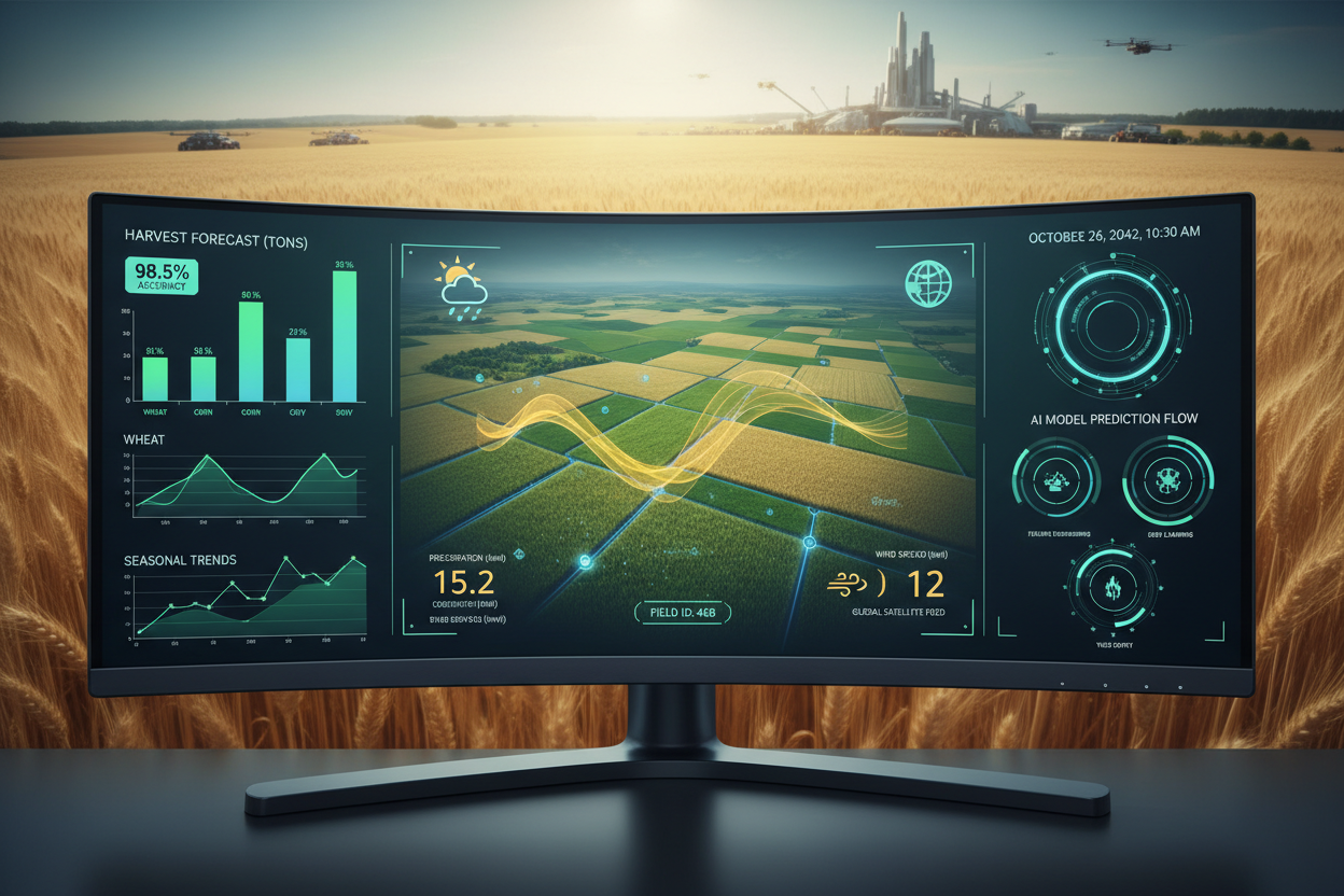 FieldIQ Pro AI crop yield prediction dashboard with harvest forecasts and field maps